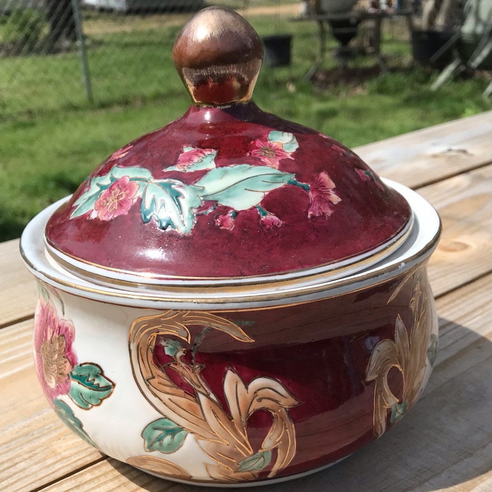 Vintage Chinese Oriental Accent Red Floral Pottery Bowl With Lid Cloisonné